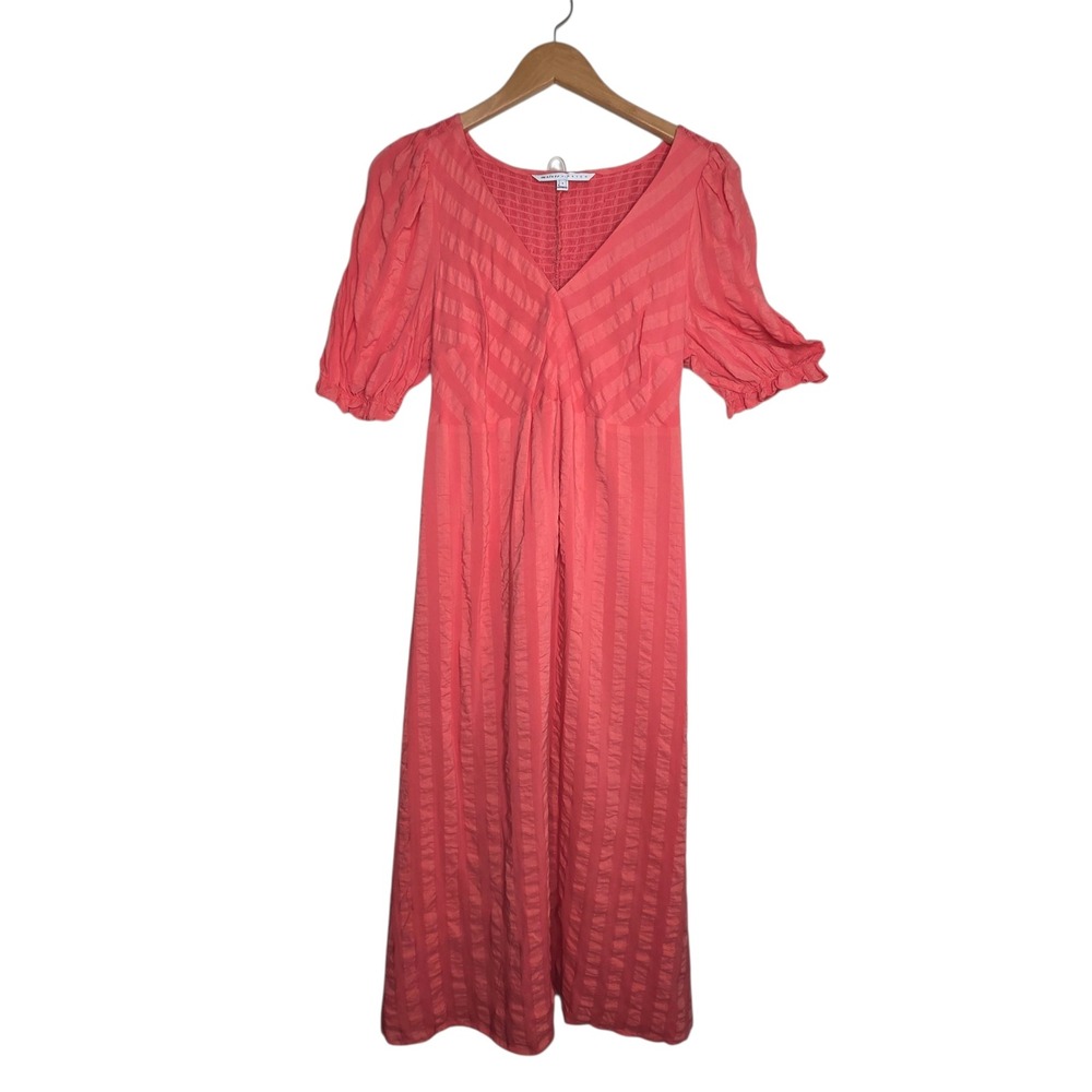 The‎ Nines by Hatch Maternity Coral Lined Midi Puff Sleeve Smocked Dress SZ S